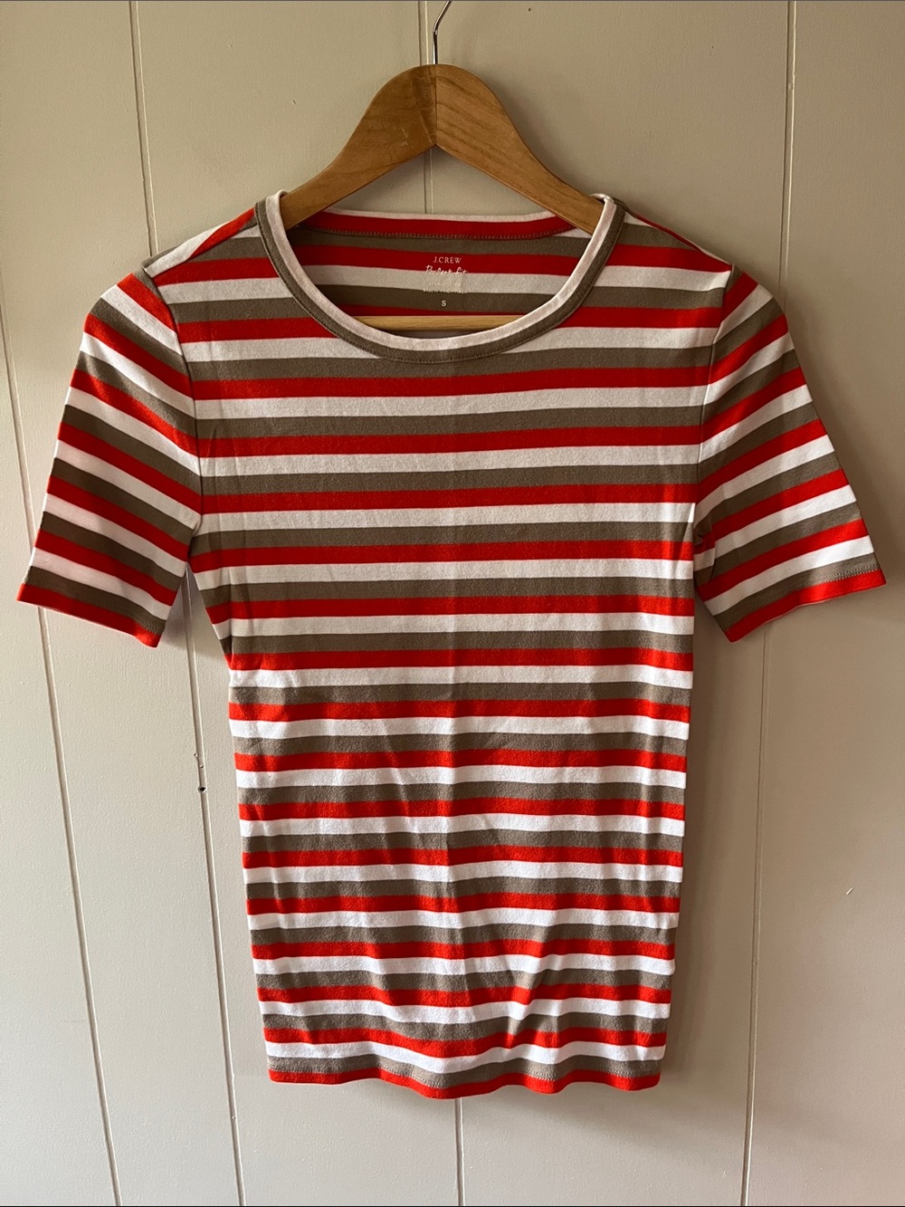 J. Crew Perfect Fit Red, Brown, and White Striped Short Sleeve Tee